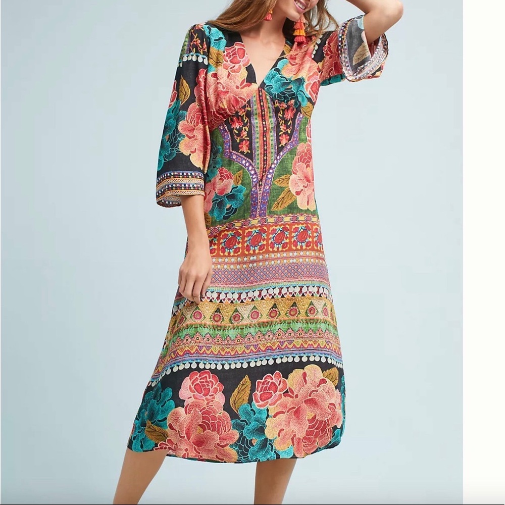 ANTHROPOLOGIE Farm Rio Colorful Vibrant Rosario Maxi Dress Bell Sleeves XS